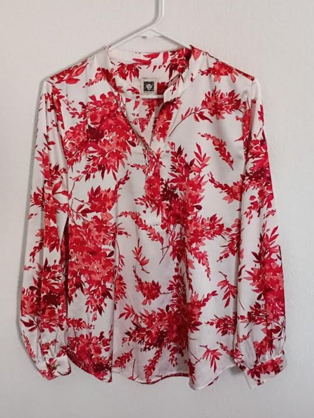 ANNE KLEIN WOMEN'S TOP 1/2 COVERED BUTTONS LONG SLEEVE RED FLORAL SIZE LARGE